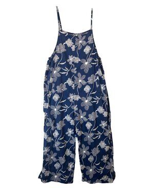 Floral Navy Blue Wide-Leg Jumpsuit Adj. Straps & Pockets Women XL Cotton EUC